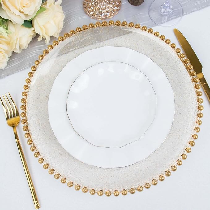 Efavormart 12-Pack Acrylic Charger Plates 13" Round Clear Gold Glittered with Beaded Rim - Decorative Dinner Party Serving Plates