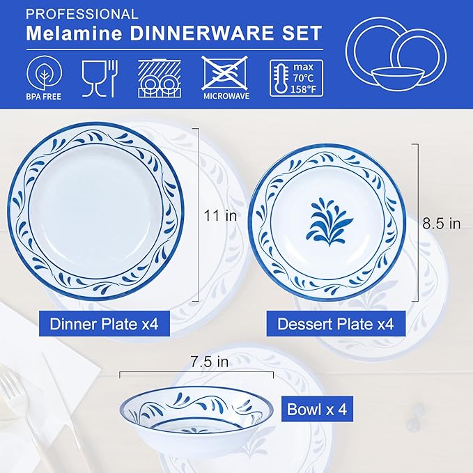Melamine Dinnerware Sets 12 Pcs, Melamine Plates and Bowls,Party Plates and Bowls Sets, Camping Dishes Set for 4, Unbreakable, BPA Free, Dishwasher Safe （Blue water drop flower）