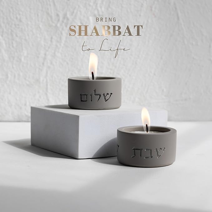 SURI Shabbat Candle Holders Set – Modern Judaica Shabbat Candlesticks for Tea Lights – Concrete Shabbos Candles Holders, Dripless Design – Jewish Gift & Home Decor
