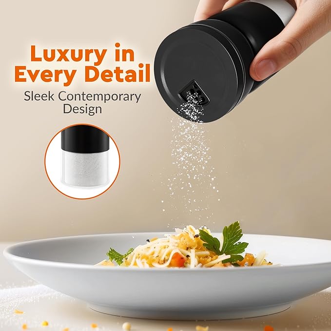 HOME EC Original Salt and Pepper Shakers Set with Adjustable Pour Holes - Black Salt Shaker and Pepper Shaker - Farmhouse Spice dispenser for salts, Ground peppercorn and spices