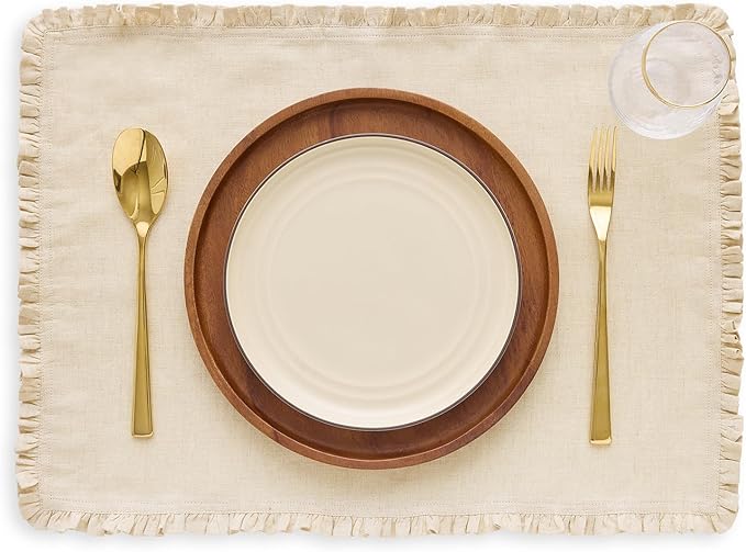 Solino Home Natural Linen Placemats 14 x 19 Inch - 100% Pure Linen Juliette Ruffle Placemats Set of 4 - Handcrafted and Machine Washable Table Mats