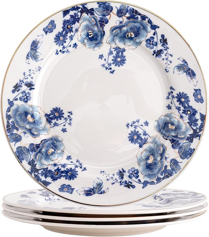 Porcelain Floral Plates, 8 inch, Set of 4,Small Plate, Small Appetizer Plates,Round dessert plate for breads, desserts, snacks, salads (Blue flowers)