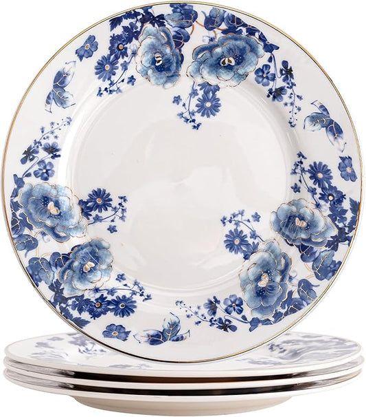 Porcelain Floral Plates, 8 inch, Set of 4,Small Plate, Small Appetizer Plates,Round dessert plate for breads, desserts, snacks, salads (Blue flowers)