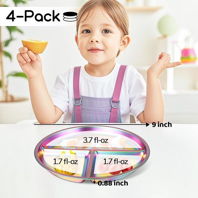 9" Stainless Steel Toddler Plates Set of 4, Divided Plate for Kids & Baby, Non Toxic Unbreakable Dishes Dinnerware Adults Portion Control Snack Container, Colorful Meal Time Chums