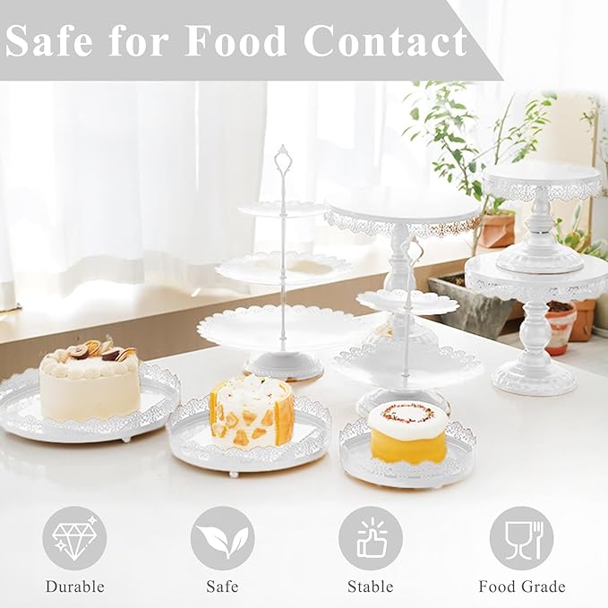 Set of 9 Cake Stands Metal Cupcake Stand Set Multiple Styles Candy Fruit Display Tower Dessert Plate Cake Serving Tray for Birthday Party Wedding Anniversary Baby Shower Engagement (White)