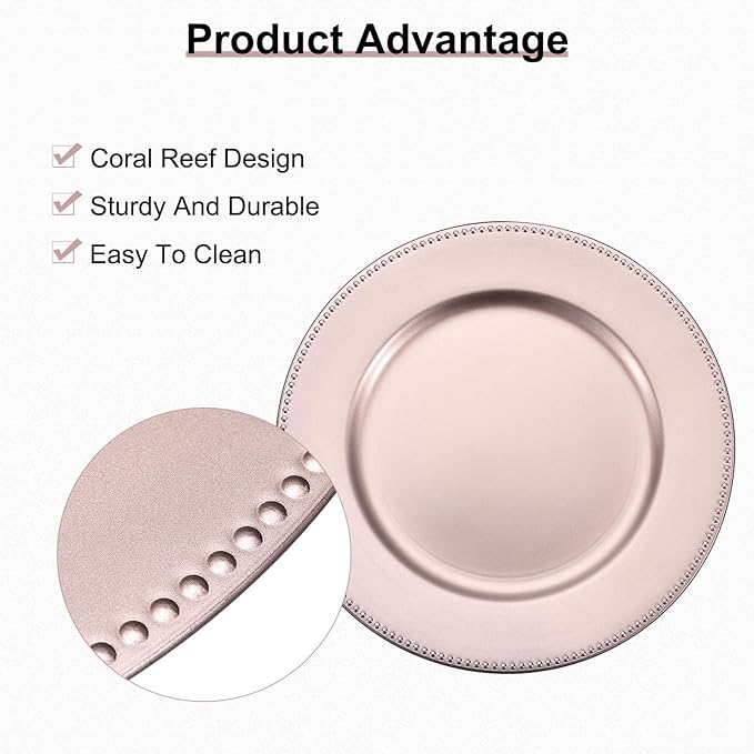 uxcell 10pcs Charger Plates Bulk 13 Inch Plastic Charger Plates Round Plate Chargers for Dinner Wedding Party Event Table Setting Decoration Rose Gold