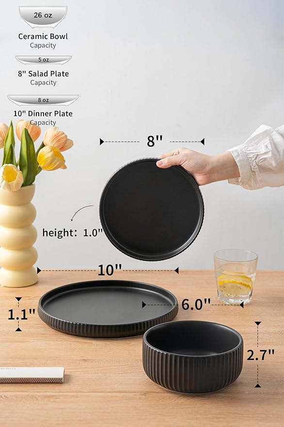 Modern Plates and Bowls Set for 6,18 Piece Black Ceramic Dinnerware for Stylish Families – Microwave Safe Dish Set for Daily Dining
