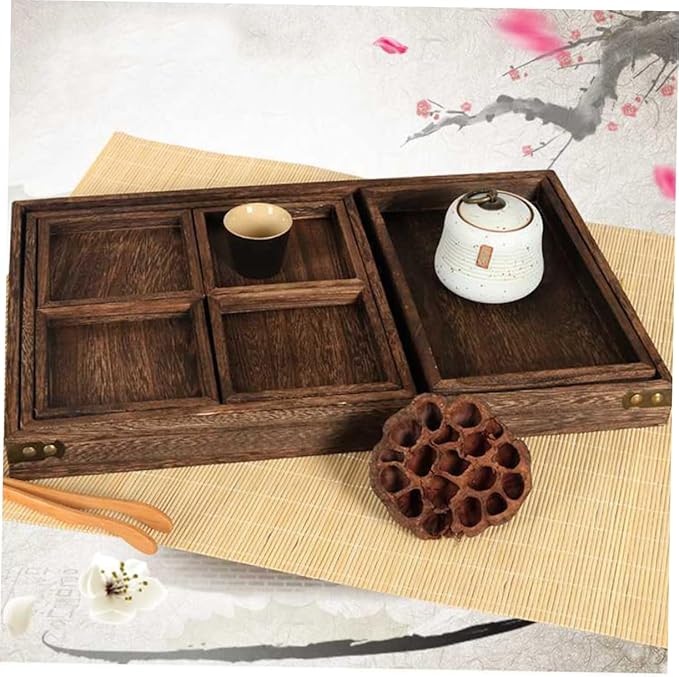 Cabilock 1Pc Retro Solid Wood Tea Tray Sturdy Rectangular Household Serving Tray for Fruits and Desserts Natural Design for Parties and Home Decor Black Brown Finish