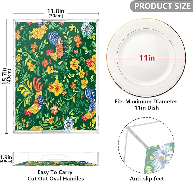 Serving Tray with Handles Clear Acrylic Tray 12x16 Inch Decorative Rectangular Tray Organizer for Ottoman Coffee Table Bathroom Green Rooster and Flower Spring