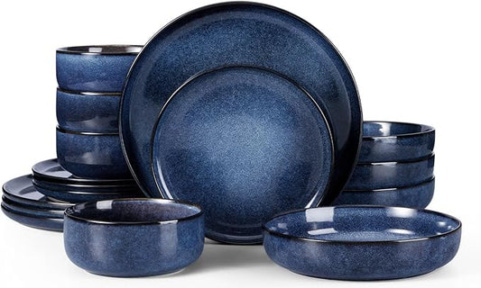 Herogo Dinnerware Sets with Pasta Bowls for 4, 16 Piece Dinner Salad Plates and Cereal Serving Bowls, Stoneware Dishes Dinner Ware for Home Kitchen, Dishwasher & Microwave Safe, Starry Blue