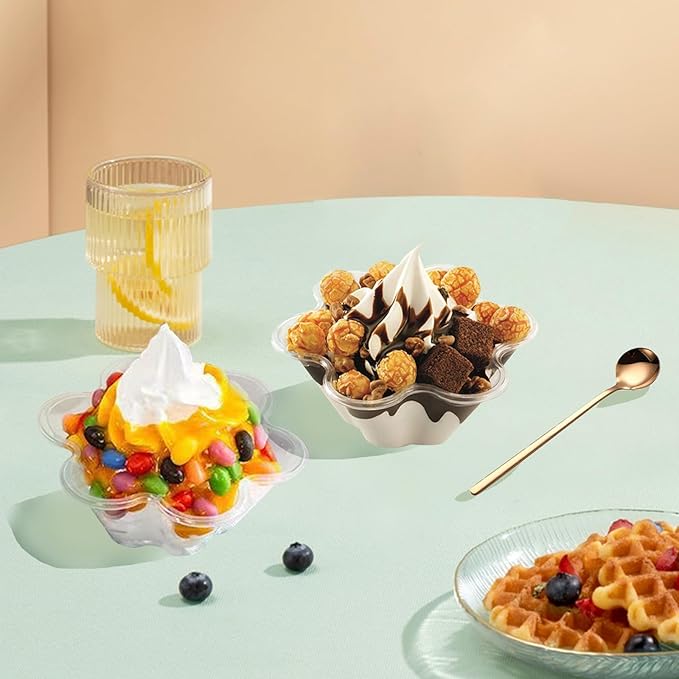 200 Pack Plastic Ice Cream Bowls 8.5Oz Clear Plastic Ice Cream Dessert Bowls Sundae Snack Fruit Salad Bowl Clear Flower Shape Appetizer Cup Chocolate Dessert Sundae and Nuts