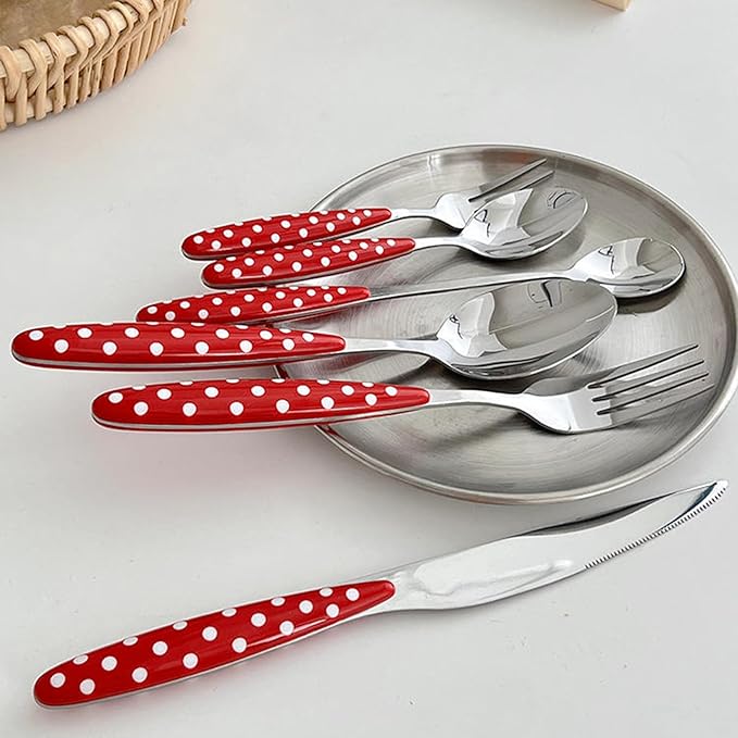 36-Piece Silverware,Service for 6，Stainless Steel Flatware Set，Red Cute Polka Dot Handle， French for Flatware Sets Afternoon Tea,Mirror Finish, Gift Box，Machine Washable