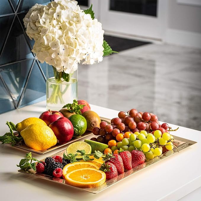 Gold Hammered Trays - 2 Pack Rectangle Platters - Large & Medium Serving Tray - Stainless Steel, Gold, Rectangular, Stackable