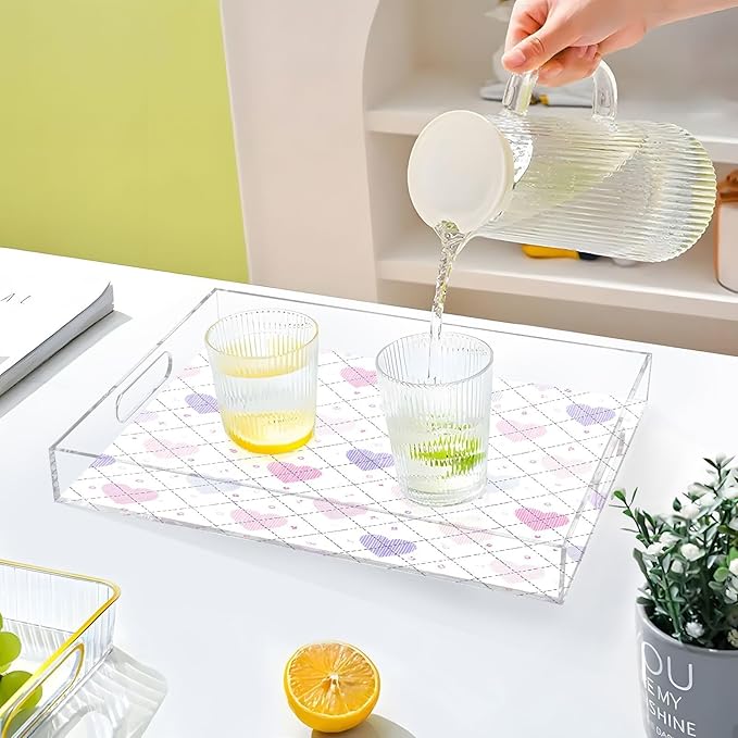 Serving Tray with Handles Clear Acrylic Tray 12x16 Inch Decorative Rectangular Tray Organizer for Ottoman Coffee Table Bathroom Valentine Heart Plaid Love Hearts White
