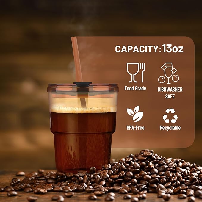 Luxfuel 13oz Tumbler Water Glass Cups with Straw and Lid, Reusable Iced Coffee Cups, Iced Tea, Sealed Carry-On Glass Tumbler for Travel, Home, Office, Party and Outdoor (Amber 1 Pack)