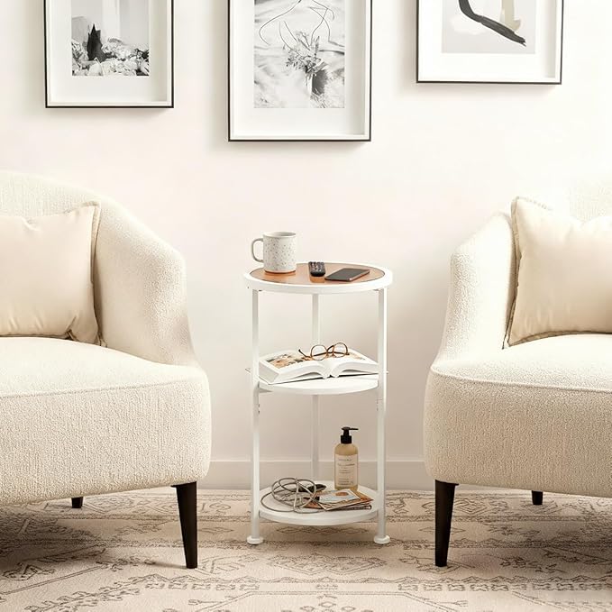 Glass Side Table, Tempered Glass Small Round Side Table with 3-Tier Storage Shelves for Small Spaces, Modern Glass Round End Table for Living Room, Bedside Table Nightstand for Bedroom (White)