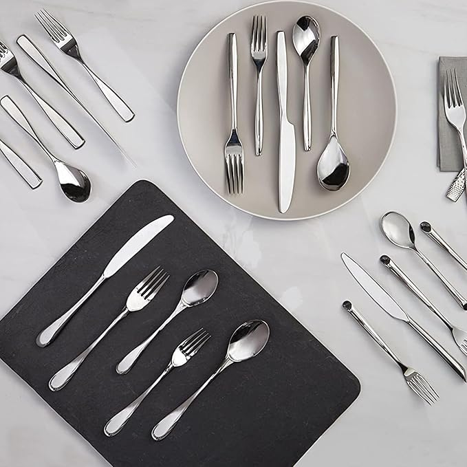 nambe Bend 45 Piece Flatware Set, 18/10 Mirror Stainless Steel Silverware Cutlery Set, Designed for Home Kitchens, Hotel, or Restaurants, Service for 5 and a 3pc Serving Utensil Set, Dishwasher Safe