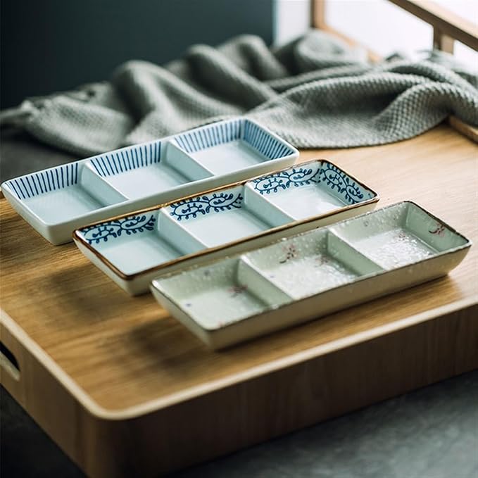 Sauce Dish Three Compartment Plate Ceramic Plate Sauce Bowl Sushi Dish Plate Multi Compartment Sauce Dish Vinegar Dish Plate Small Plate Snack Plate(B)