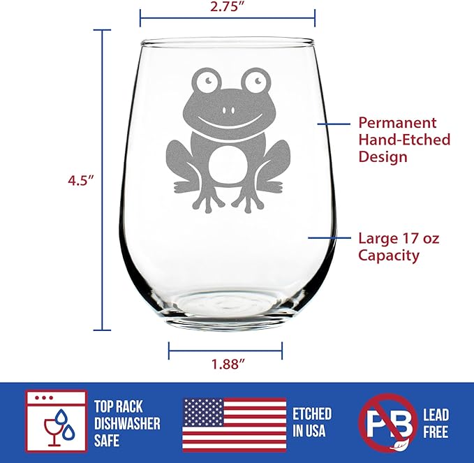 Custom Happy Frog - Personalized Stemless Wine Glass - Themed Gifts and Decor for Frog Lovers - Large 17 Oz - Customized Wine Glass Gift
