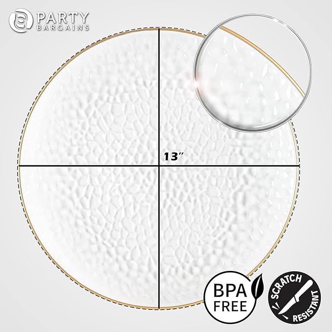 PARTY BARGAINS 13-Inch Charger Plates - 8 Pack, Hammered Clear Gold Rim, Heavy-Duty Disposable Chargers for Elegant Dining - Ideal for Weddings and Formal Events