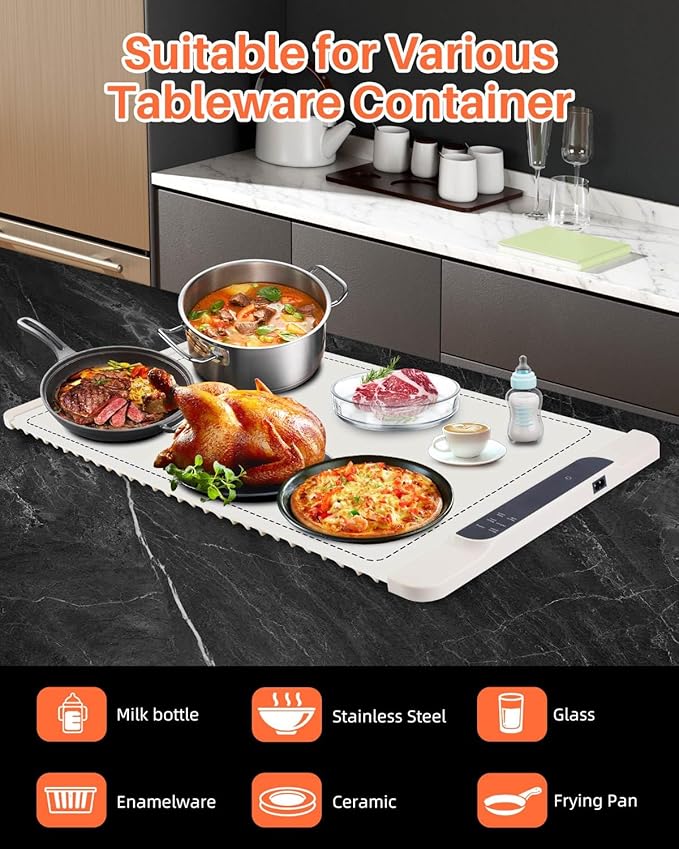 Food Warming Mat - Electric Warming Tray for Buffets Party and Home Daily Use,10H Timer, Child Lock, Auto Shut-Off Portable Silicone Heat Pad for Travel & Dining, Beige