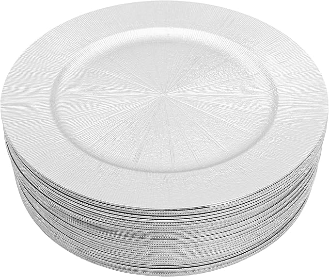 50 Pcs Antique Charger Plates Bulk 13 Inch Embossed Rim Plastic Party Dinner Plate Chargers Round Decorative Server Plate for Wedding Party Event Tableware (50pcs-Silver-2)