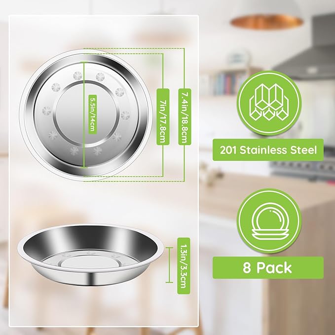 Patterned Deep Stainless Steel Plates, 8 Set 7 inch 201 Metal Food Serving Plate, Reusable Snack Eating Dishes Round Shatterproof Silver Dinnerware for BBQ Dinner Oven Dishwasher Safe