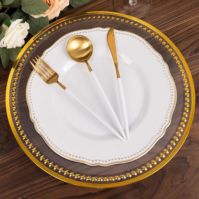 13" Charger Plates -Set of 12 - Acrylic Clear/Gold Round Beaded Disposable Chargers, Ideal for Dinner Party Wedding Bulk Events Tabletop Decoration