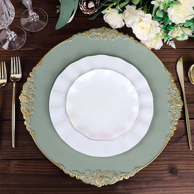 13" Charger Plates -Set of 12 - Acrylic Dusty Sage Green Round Baroque Disposable Chargers Leaf Embossed Rim, Ideal for Dinner Party Wedding Bulk Events