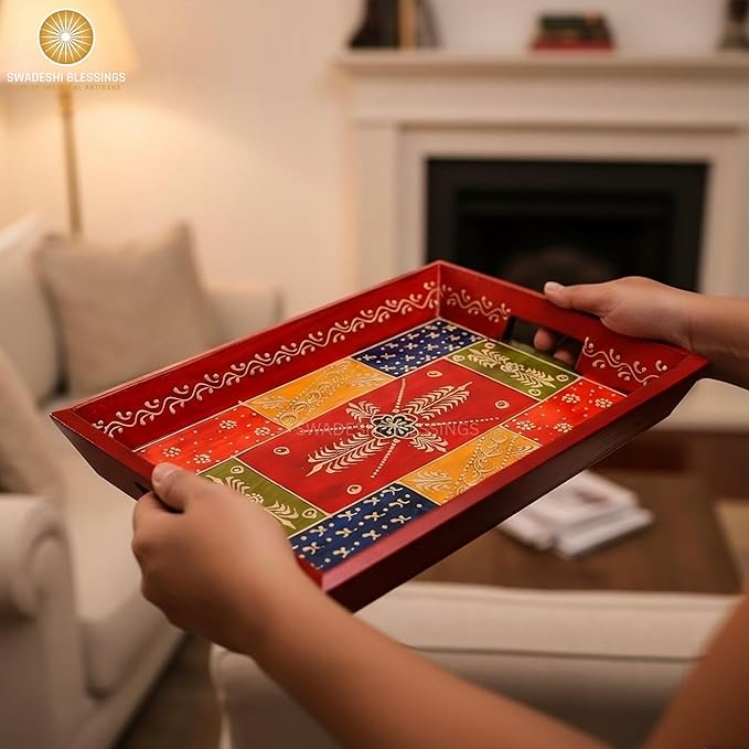 Swadeshi Blessings Handcrafted & Hand-Painted Embossed Wooden Serving Trays Set of 3- for Kitchen/Table & Home Decor/Dinning/Gifts/Restaurants/Living Room/Coffee Table (AntiqueRed)