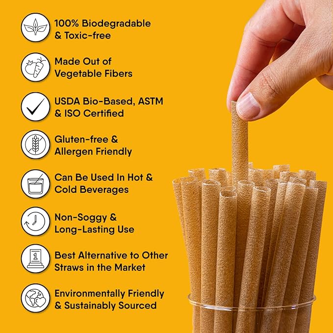 – 100 PCS of 8.25 Inches Individually Wrapped Biodegradable Straws – Made of Vegetable Fibers, Best Environment Friendly Drinking Straws for Hot and Cold Beverages