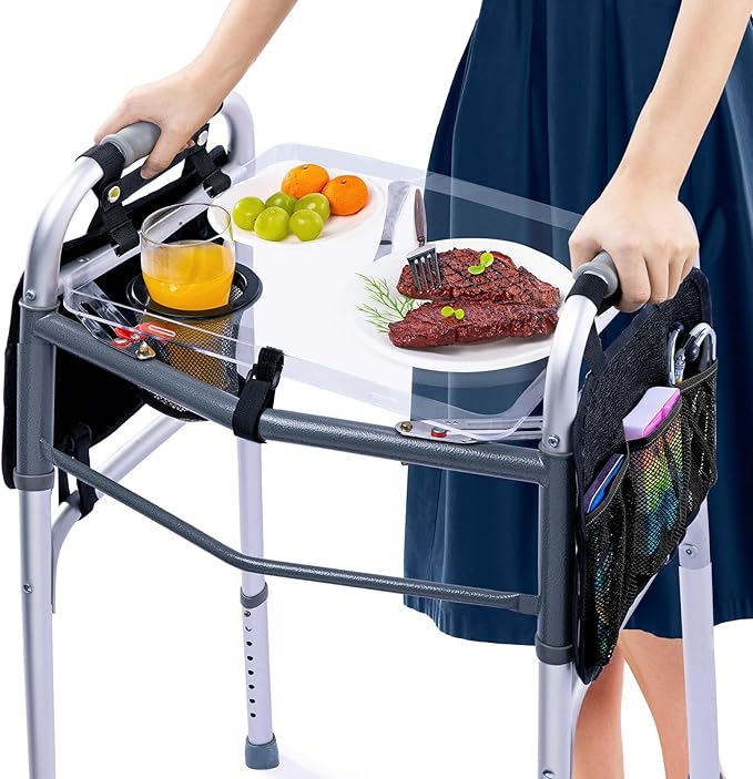 BAGSFY Clear View Walker Tray with Cup Holder & Side Pockets, Transparent Folding Walker Table for Seniors, 8.8lbs Load-Bearing Sturdy PP Tray, Universal Fit Walker Accessory for Elderly