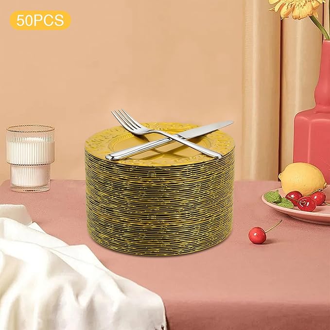 TFCFL 50Pcs Antique Charger Plates Bulk 13Inch Plastic Embossed Dinner Plate Chargers Round Floral Plates Dinner Wedding Party Event Table Setting Decoration (Gold)