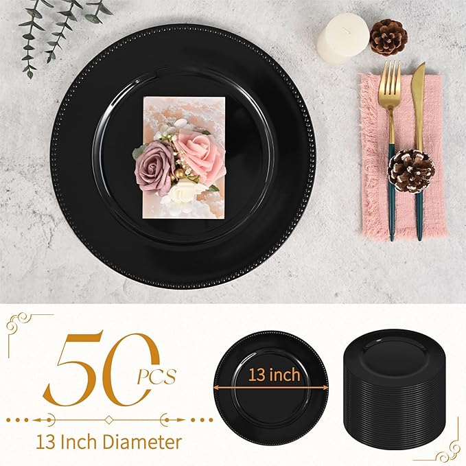 fani 50 Pcs Black Charger Plates Bulk, 13'' Round Beaded Dinner Charger Plates, Plastic Reusable Vintage Table Decoration for Wedding, Party, Reception, Event, Holiday Supplies