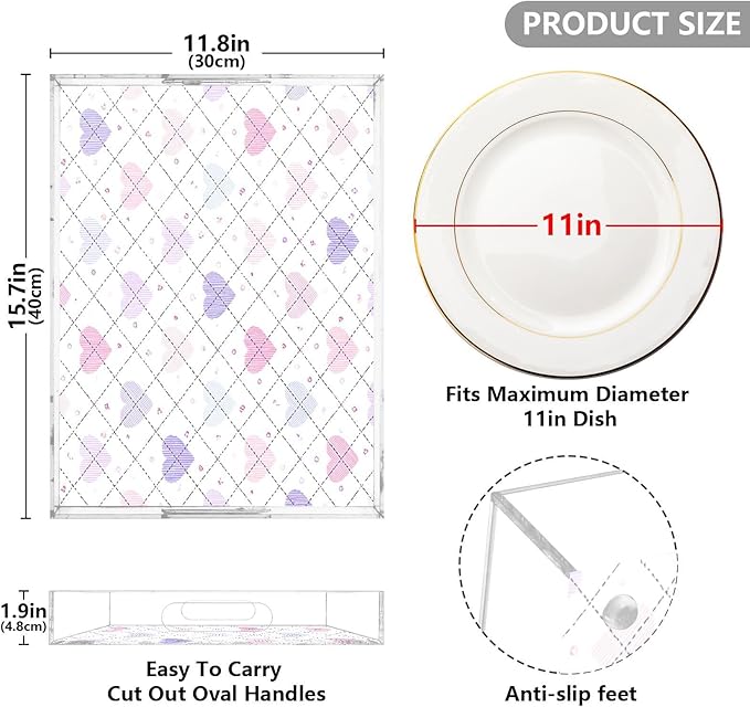 Serving Tray with Handles Clear Acrylic Tray 12x16 Inch Decorative Rectangular Tray Organizer for Ottoman Coffee Table Bathroom Valentine Heart Plaid Love Hearts White