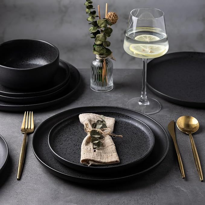 AmorArc Ceramic Dinnerware Sets, Wavy Rim Stoneware Plates and Bowls Sets, Highly Chip and Crack Resistant | Dishwasher & Microwave & Oven Safe Dishes set, Service for 6 (18pc)-Speckled Black