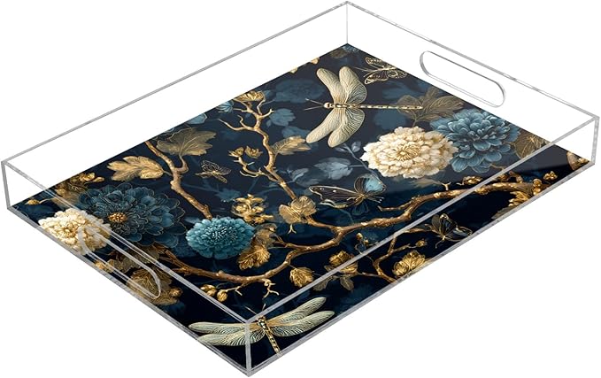 Serving Tray with Handles Clear Acrylic Tray 12x16 Inch Decorative Rectangular Tray Organizer for Ottoman Coffee Table Bathroom Mystical Flowers and Dragonflies