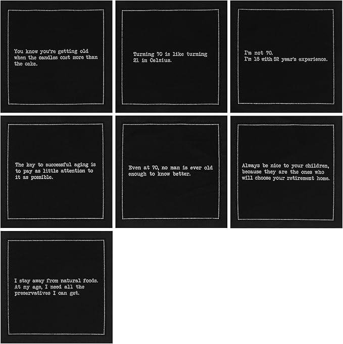 Five Star Funny 70th Birthday Quotes | Black Cotton Cocktail Napkins | 50 Luxury Disposable Beverage Napkins with Witty Bar Quotes | Drink Napkins for Parties, Bars, Weddings & Game Nights
