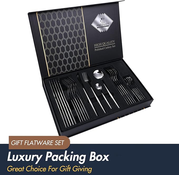 24-Piece Black Silverware Set Black Flatware Set for 6, Stainless Steel Cubiertos Cutlery Set, Forks and Spoons Apartment Utensils Set, Mirror Polished Eating Tableware Set, Dishwasher Safe