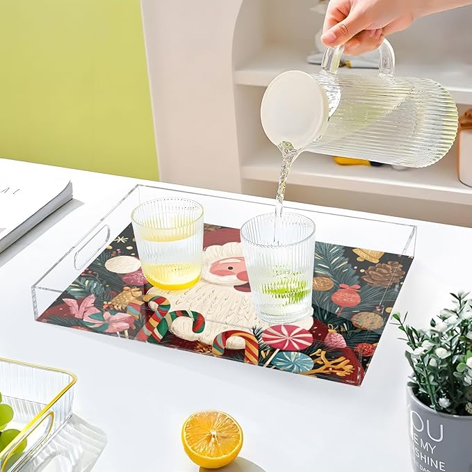 Serving Tray with Handles Clear Acrylic Tray 12x16 Inch Decorative Rectangular Tray Organizer for Ottoman Coffee Table Bathroom Santa Claus Lollipop Baubles