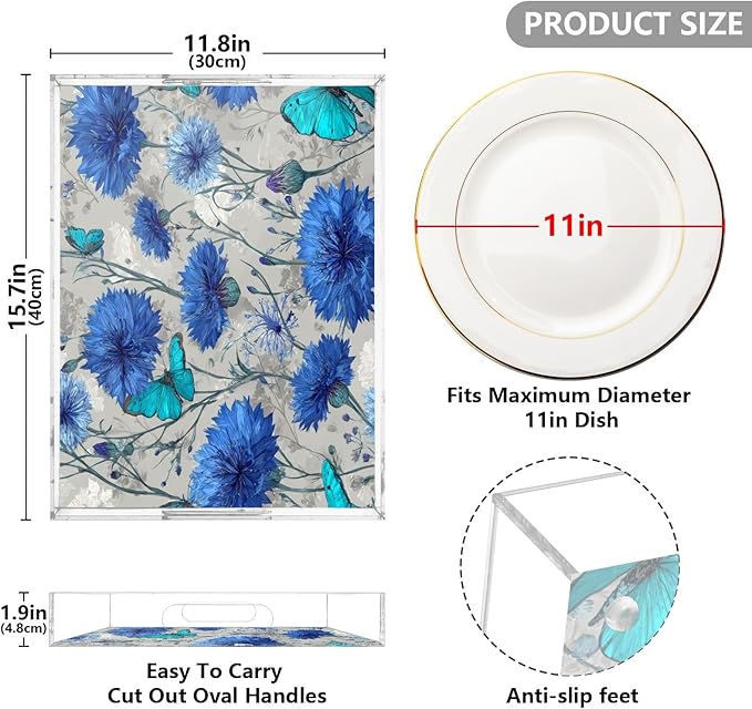 Serving Tray with Handles Clear Acrylic Tray 12x16 Inch Decorative Rectangular Tray Organizer for Ottoman Coffee Table Bathroom Vintage Blue Cornflowers and Turquoise Butterflies