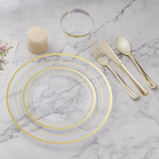 BESTVIP 450PCS Plastic Dinnerware Set (75 Guests), Clear Gold Disposable Plates for Party, Wedding, Christmas, Anniversary, Includes: Dinner Plates, Dessert Plates, Cups, Spoons, Forks and Knives