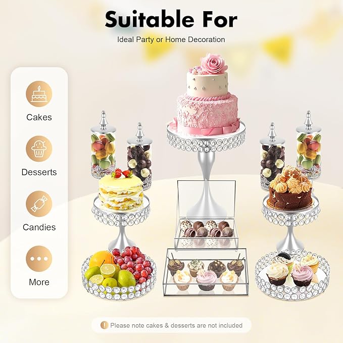 11-Piece Cake Stand Set, Silver Tiered Dessert Display Stands with Glass Trays & Acrylic Domes, Multi-Level Serving Platters for Wedding, Birthday Party, and Bakery Display