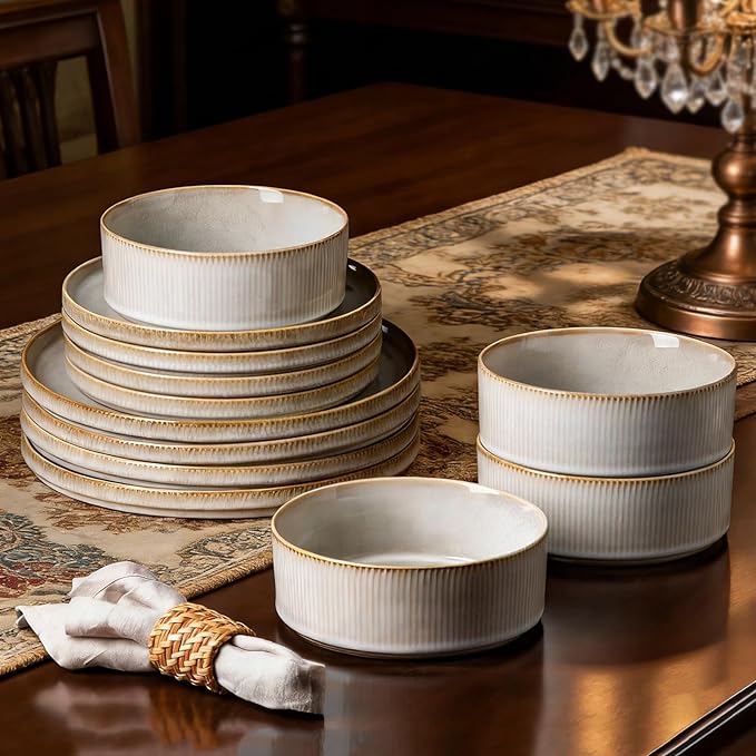 Stoneware Dinnerware Sets for 4, Stoneware Plates and Bowls Set, 12-Piece Ribbed Dishes – Chip & Scratch Resistant, Microwave and Dishwasher Safe Tableware, Warm White