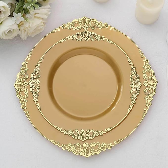 8" Salad Plates -Set of 20 - Plastic Gold Round Baroque Disposable Chargers Leaf Embossed Rim, Ideal for Dinner Party Wedding Bulk Events