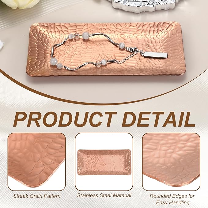 uxcell Decorative Tray, 5.9x3 Stainless Steel Rectangular Frosted Serving Tray with Hammer Pattern for Dessert Napkin Towel Candle Jewelry Bathroom Platter, Stackable, Rose Gold