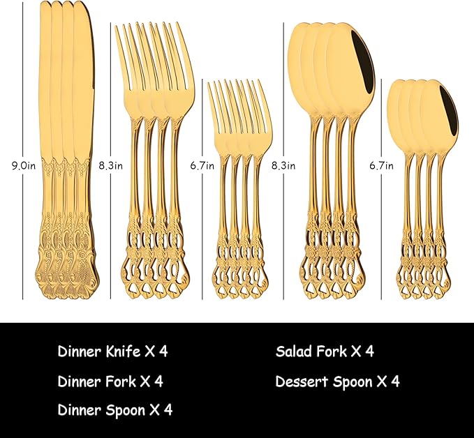 Gold Flatware Set For 4, 20 Pieces 18/0 Stainless Steel Silverware Set, Cutlery Utensils Set Include Knives/Forks/Spoons, Antique Baroque Style & Luxury Mirror Polished