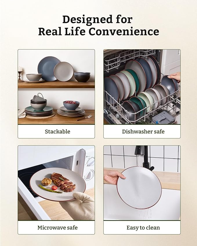 Famiware Venus Speckled Dinnerware Set with Pasta Bowls, Service for 6 (24 Pieces), Stoneware Plates and Double Bowls Sets, Microwave & Dishwasher-Safe Dishes with Trim, Matte Light Grey