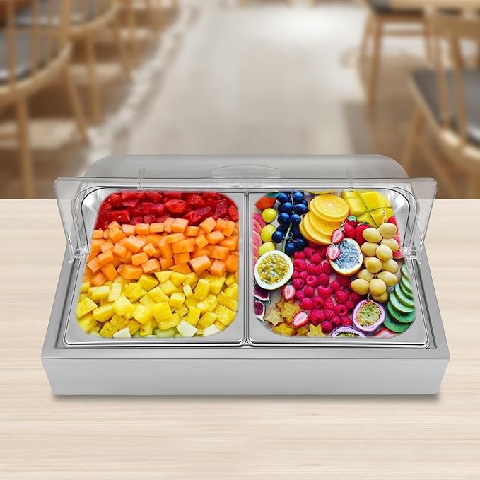 2 Pan Countertop Food Display Container with Roll Top Cover, Stainless Steel Ice Food Serving Tray, 3.17Qt Cold Food Buffet Server for Restaurant Kitchen Party (Silver)