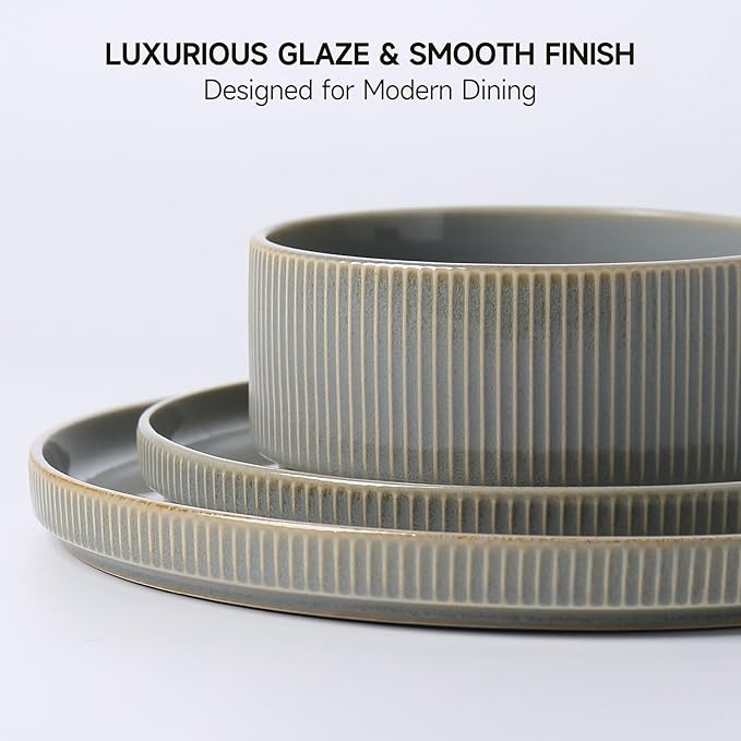 MONITO Ceramic Dinnerware Sets for 6, 18PCS Stoneware Plates and Bowls Sets, Reactive Glaze Dish Set, Chip and Scratch Resistant Double, Microwave and Dishwasher Safe, Sage Mist